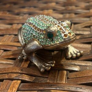 Sparkling Frog Figurine Trinket Box Metal with Rhinestones Froggy